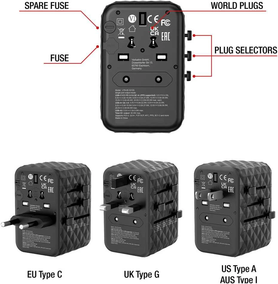Verbatim kelioninis adapteris EU/UK/US GaN 2xUSB-A/2xUSB-C PD 65W UTA-05 juodas 32120