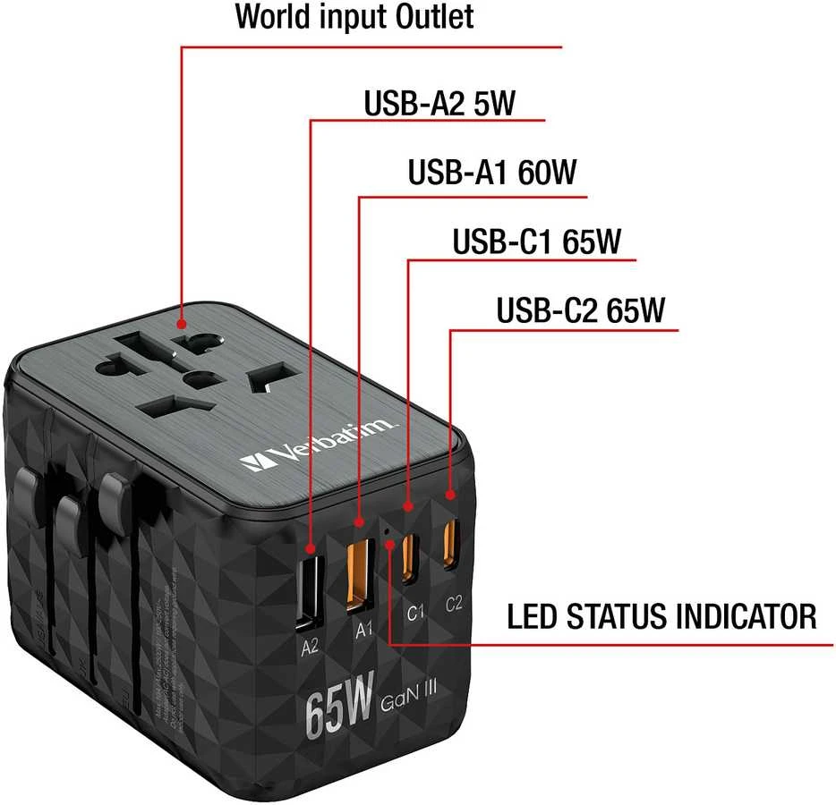 Verbatim kelioninis adapteris EU/UK/US GaN 2xUSB-A/2xUSB-C PD 65W UTA-05 juodas 32120