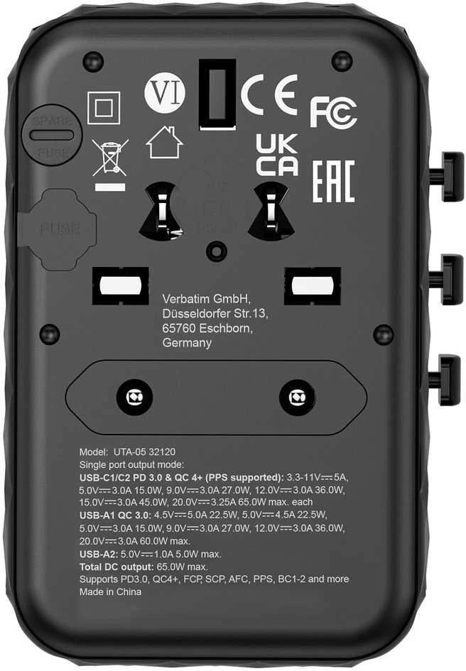 Verbatim kelioninis adapteris EU/UK/US GaN 2xUSB-A/2xUSB-C PD 65W UTA-05 juodas 32120