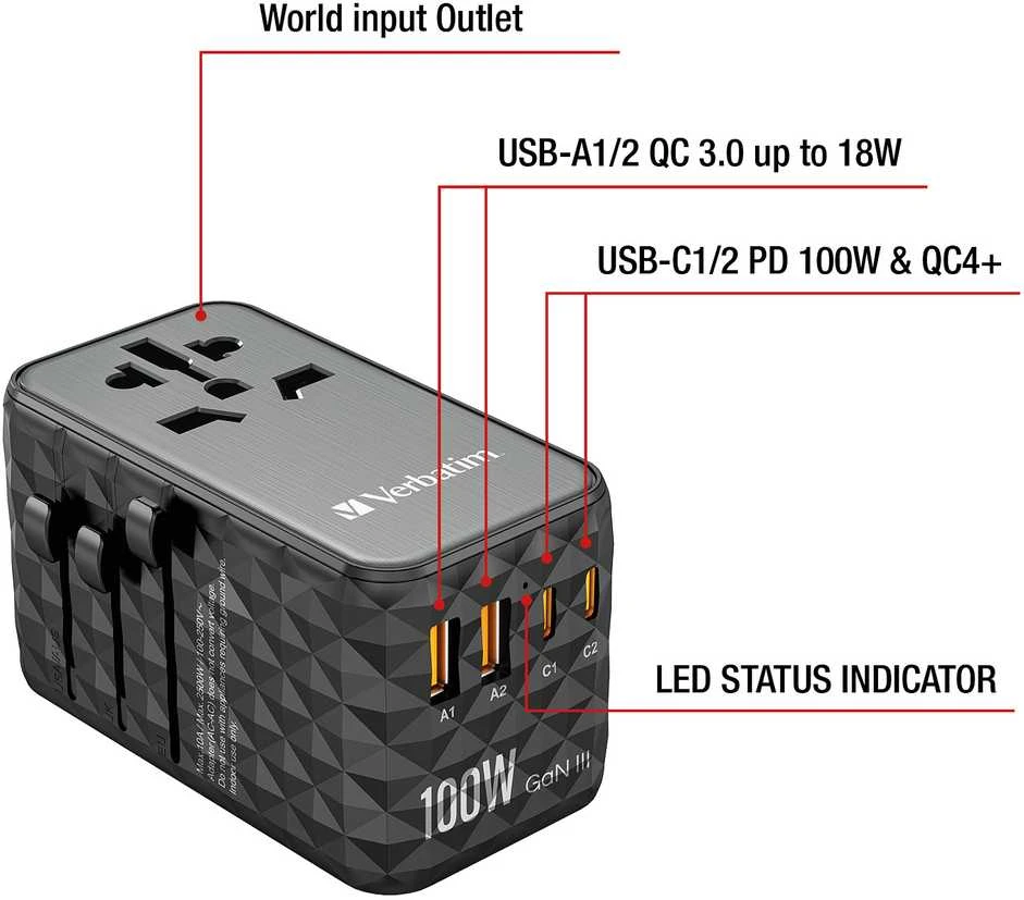 Verbatim GaN III Uni.Travel Adap 100W Welt-zu-Welt UTA-06 32121