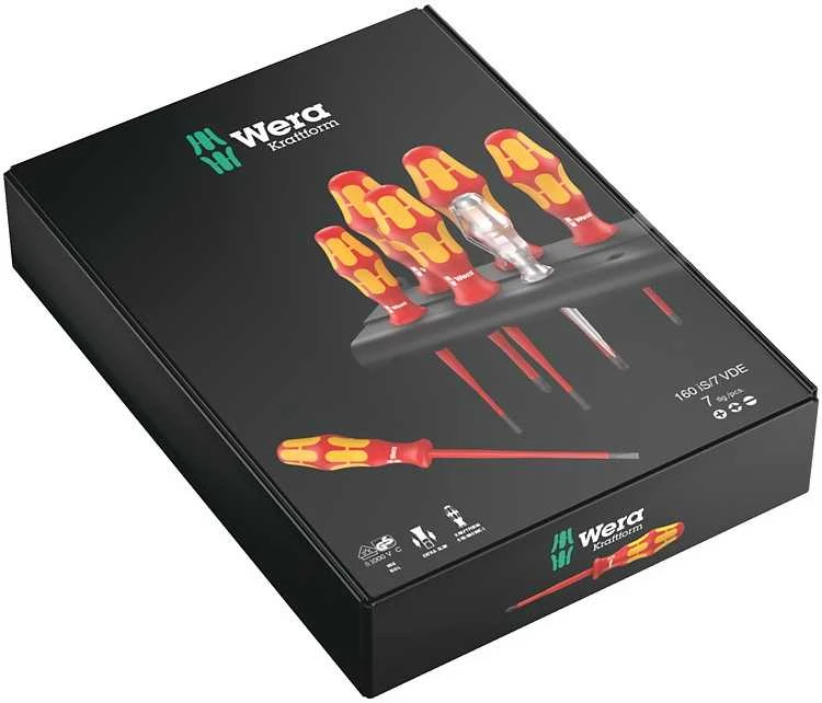 Elektriko atsuktuvų SLIM komplektas 7vnt WERA 160iS/7. PH+plokšti. Kraftform Plus + testeris + lentynėlė