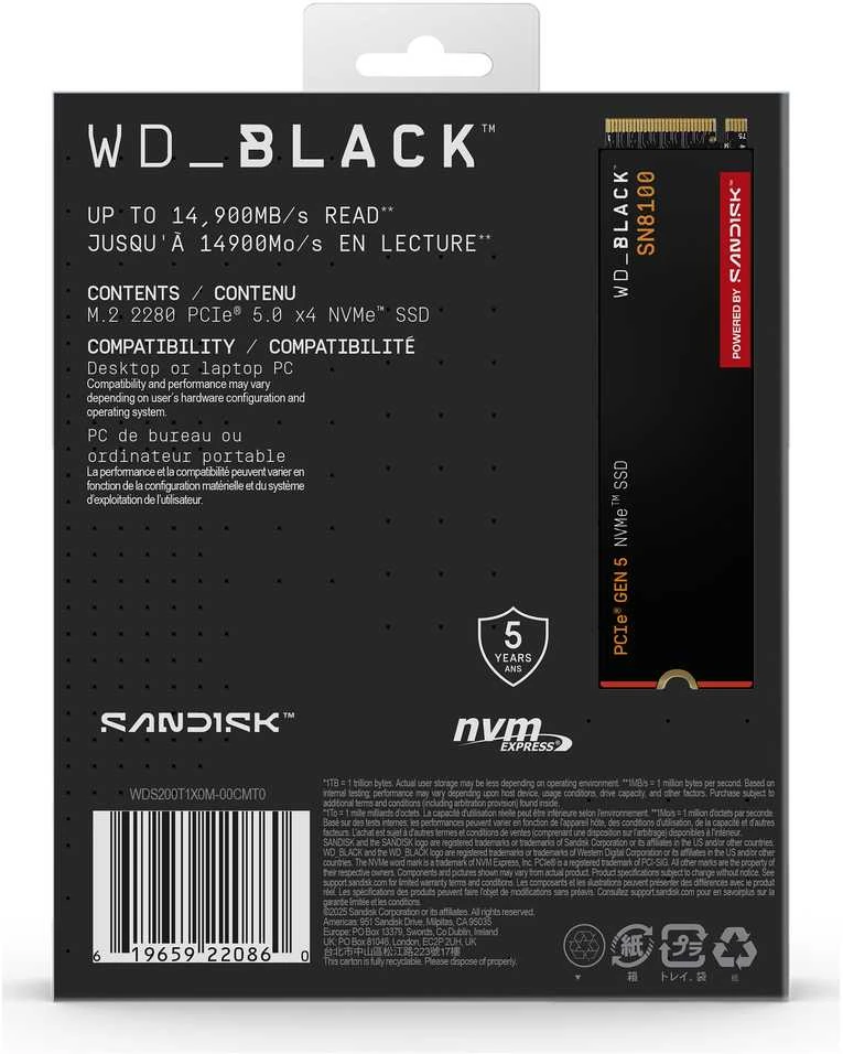 Sandisk „Western Digital“ Juodas SN8100 2 TB M.2 PCI Express 5.0 NVMe TLC 3D NAND diskas