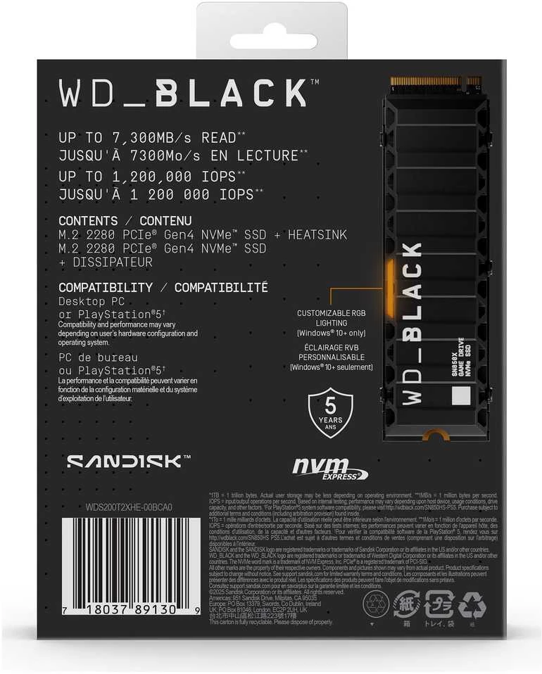 WD Juodas 2TB SN850X NVMe SSD itin greitas PCIe Gen4 x4 M.2 su vidiniu radiatoriumi, vienoje pakuotėje, maitinamas „SANDISK“