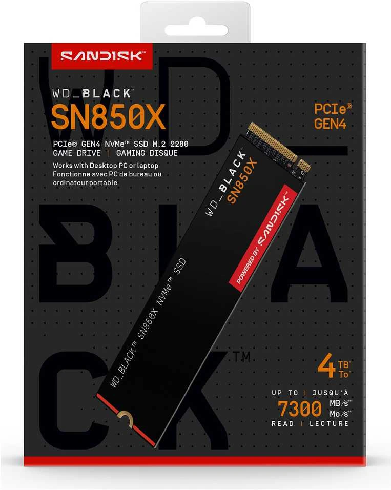 Western Digital WD Juodas 4TB SN850X NVMe SSD diskas, itin greitas, PCIe Gen4 x4, M.2, vidinis, su „SANDISK“ procesoriumi