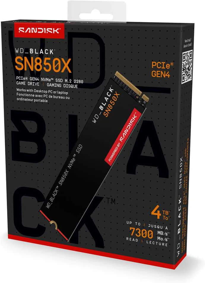 Western Digital WD Juodas 4TB SN850X NVMe SSD diskas, itin greitas, PCIe Gen4 x4, M.2, vidinis, su „SANDISK“ procesoriumi