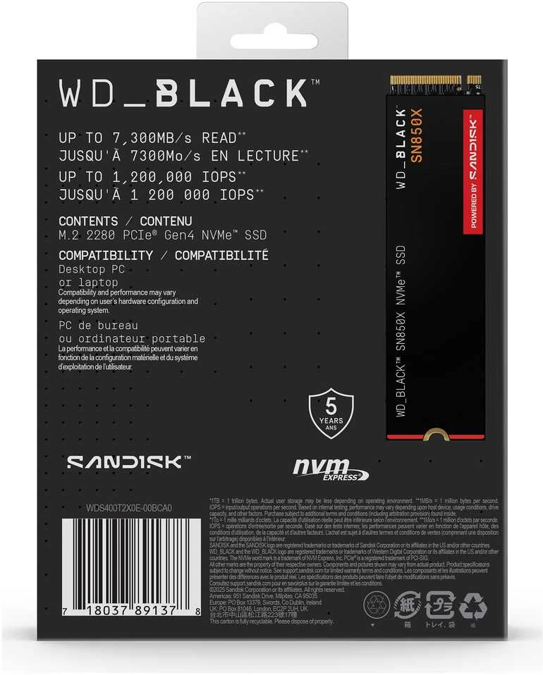 Western Digital WD Juodas 4TB SN850X NVMe SSD diskas, itin greitas, PCIe Gen4 x4, M.2, vidinis, su „SANDISK“ procesoriumi