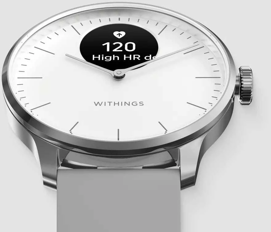 Išmanusis laikrodis Withings Scanwatch Light, 37 mm, Sidabro spalvos korpusas su pilkos spalvos dirželiu