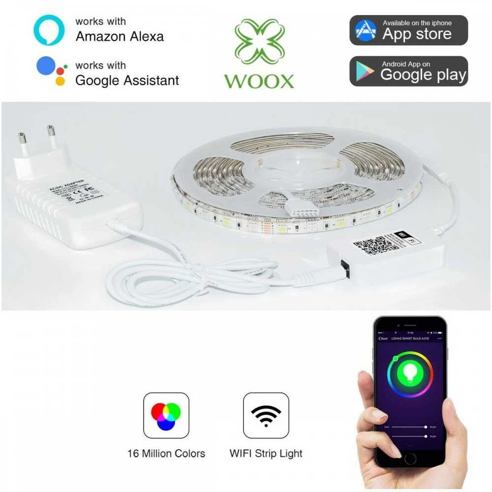 LED juostos komplektas su Wi-Fi valdikliu ir maitinimo šaltiniu, RGB+WW, 5m, 24W, 1000lm, TUYA / Smart Life, WOOX