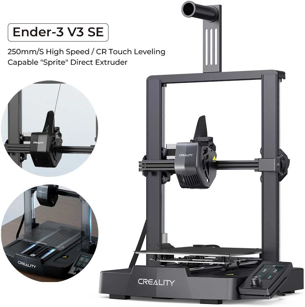 Creality Ender-3 V3 SE su detaliu spausdinimo galvutės rodymu