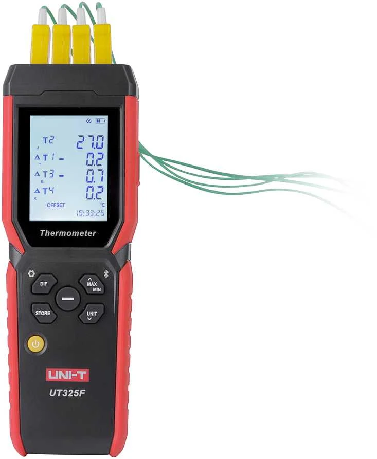 Skaitmeninis termometras su duomenų kaupimu, 4 kanalai, 72K taškų, -200.0°C~1372°C, USB-C, Bluetooth, UNI-T