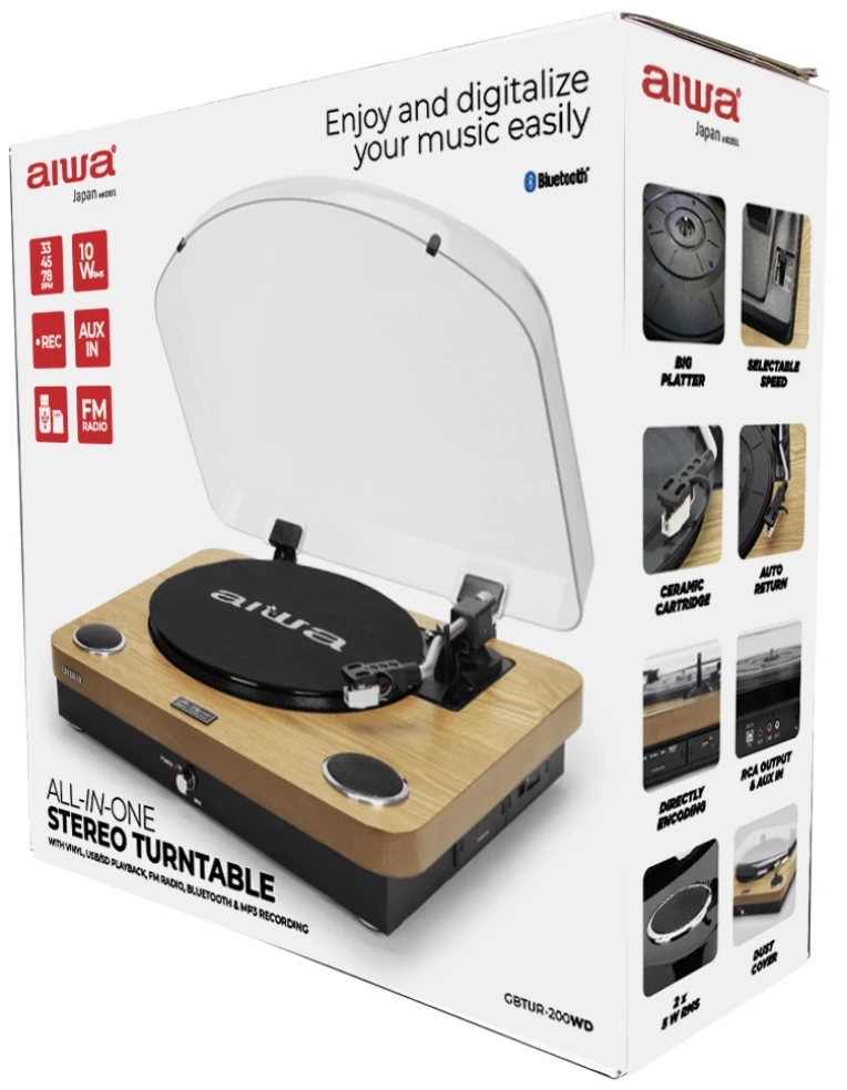 Aiwa Patefonas 2x5W RMS su Bluetooth / USB / SD / FM radiju, medžio spalvos