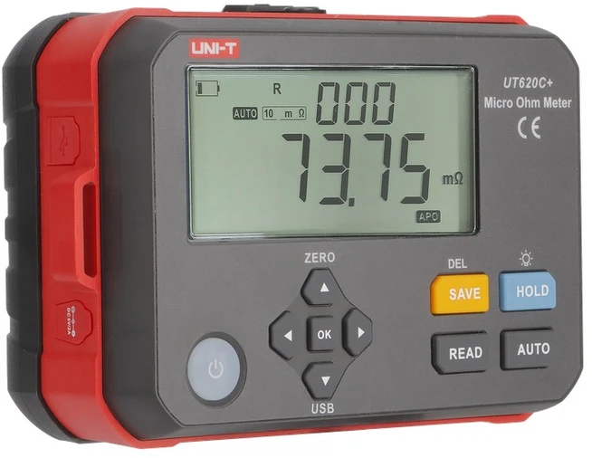 Aukšto tikslumo skaitmeninis mikroommetras, 0.001mΩ~300.0kΩ; 1mΩ, Type C, IP54, DC 3.7V 3200mAh Li, 500 matavimų atmintis, UNI-T