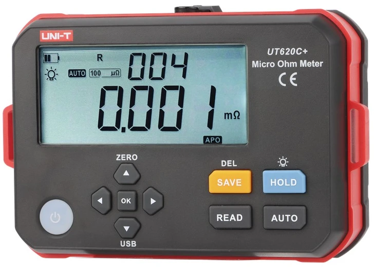 Aukšto tikslumo skaitmeninis mikroommetras, 0.001mΩ~300.0kΩ; 1mΩ, Type C, IP54, DC 3.7V 3200mAh Li, 500 matavimų atmintis, UNI-T