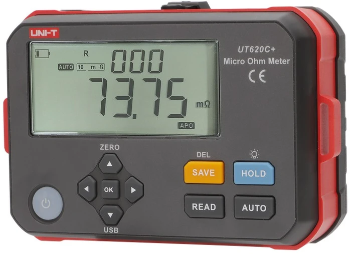 Aukšto tikslumo skaitmeninis mikroommetras, 0.001mΩ~300.0kΩ; 1mΩ, Type C, IP54, DC 3.7V 3200mAh Li, 500 matavimų atmintis, UNI-T