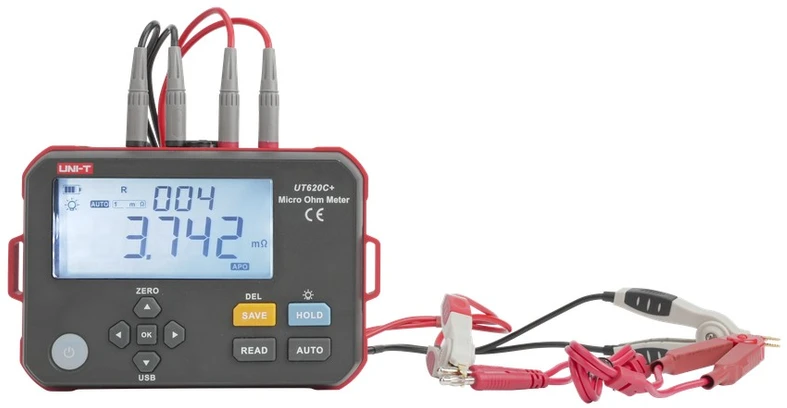 Aukšto tikslumo skaitmeninis mikroommetras, 0.001mΩ~300.0kΩ; 1mΩ, Type C, IP54, DC 3.7V 3200mAh Li, 500 matavimų atmintis, UNI-T