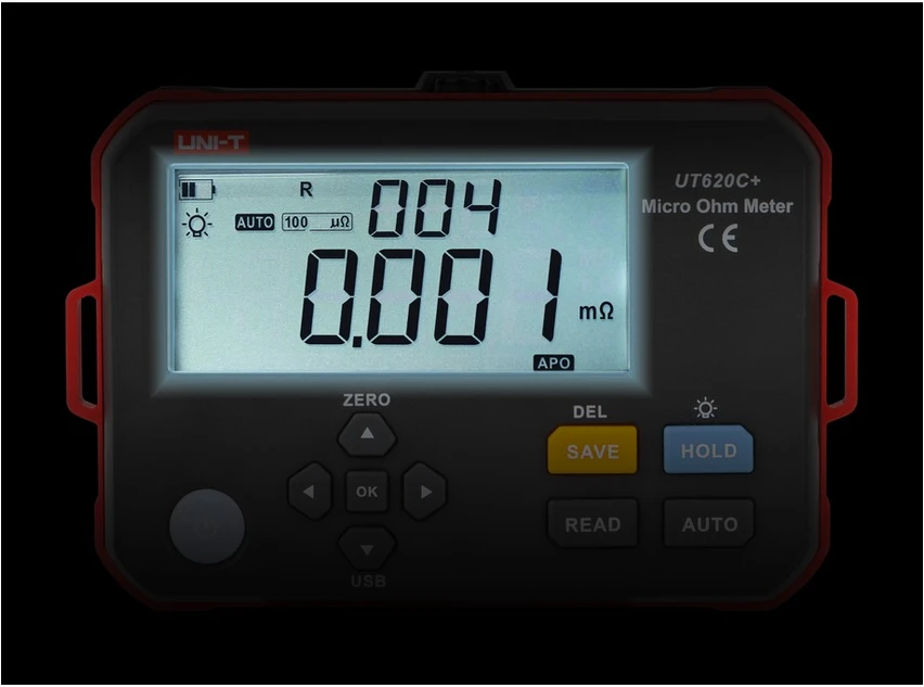 Aukšto tikslumo skaitmeninis mikroommetras, 0.001mΩ~300.0kΩ; 1mΩ, Type C, IP54, DC 3.7V 3200mAh Li, 500 matavimų atmintis, UNI-T