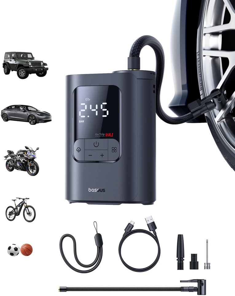 Automobilinis mini kompresorius, max 150 PSI belaidis (su akumuliatoriumi) VA1 GoTrip Dark Gray 2500mAh 11.1V 27.75Wh, Baseus