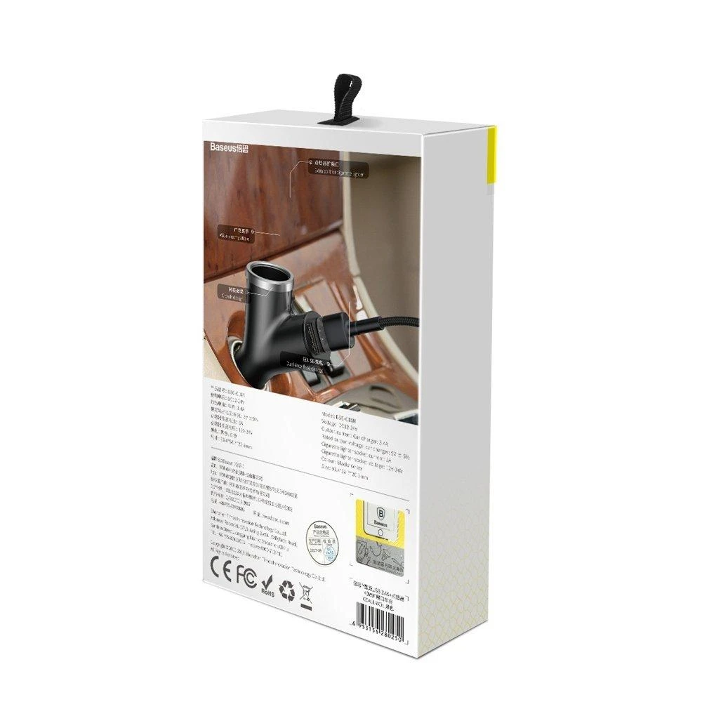 Baseus Automobilinis įkroviklis 12-24V 2xUSB 3.4A su lizdu cigarečių pridegėjui, juodas