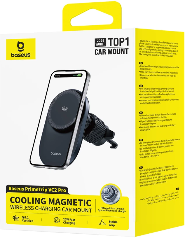 Baseus Automobilinis magnetinis laikiklis telefonams su belaidžiu Qi2.2 įkrovimu 25W PrimeTrip VC2 Pro, juodas