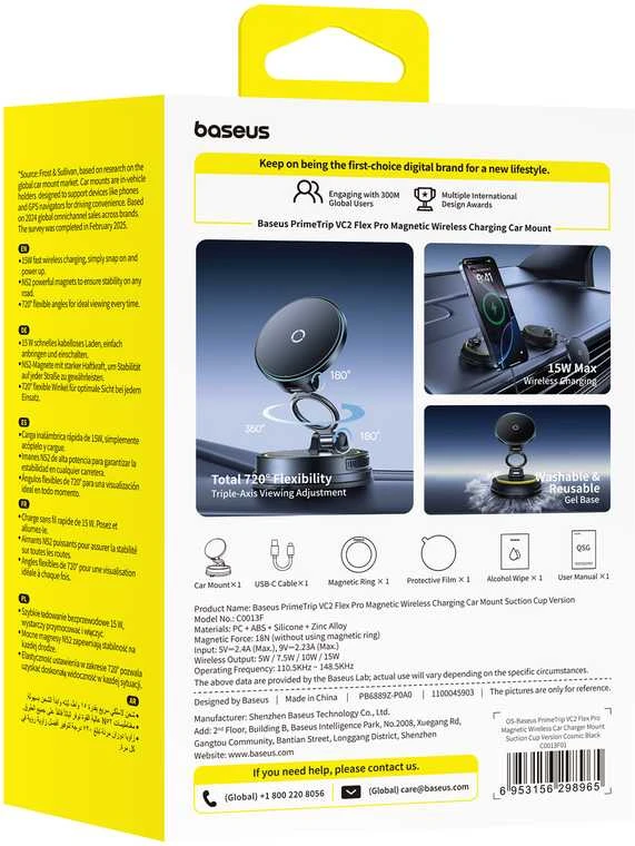 Baseus Automobilinis magnetinis laikiklis telefonams su belaidžiu įkrovimu 15W PrimeTrip VC2 Flex Pro, juodas