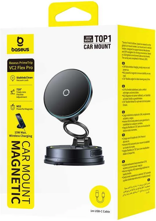Baseus Automobilinis magnetinis laikiklis telefonams su belaidžiu įkrovimu 15W PrimeTrip VC2 Flex Pro, juodas