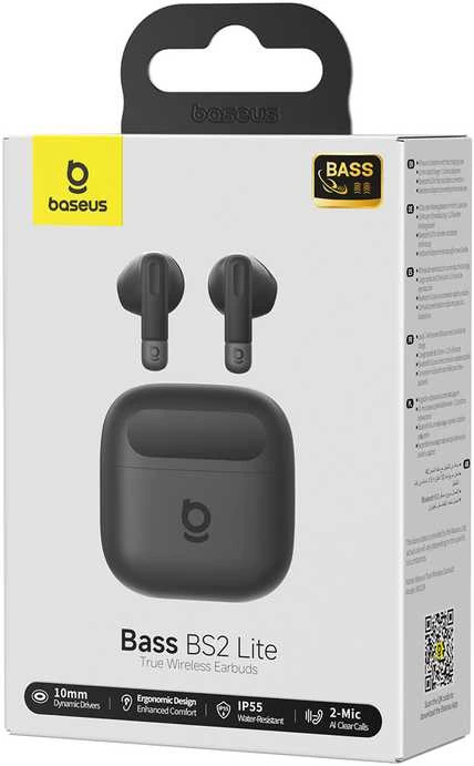 Baseus Belaidės Bluetooth 6.0 ausinės Bass BS2 Lite su įkrovimo dėklu, juodos