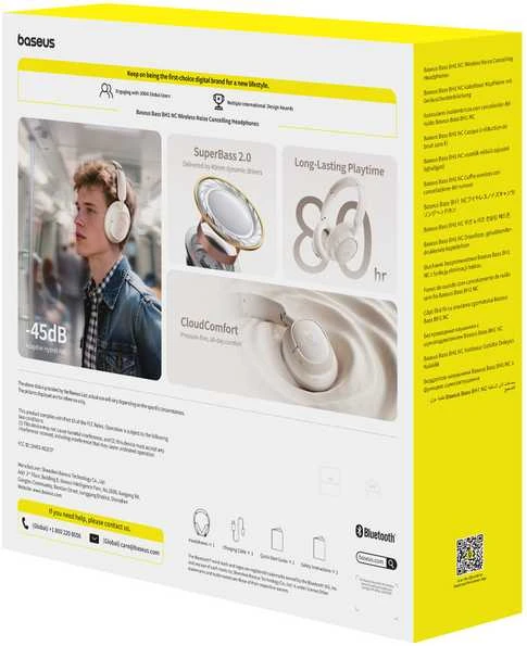 Baseus Bass BH1 NC ausinių pakuotė su techninėmis specifikacijomis