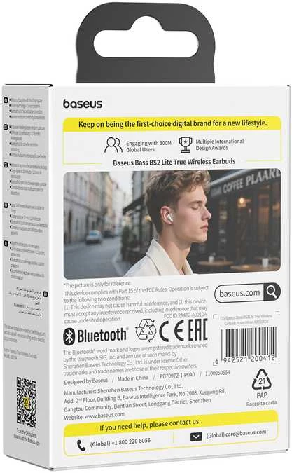 Baseus Belaidės Bluetooth 6.0 ausinės Bass BS2 Lite su įkrovimo dėklu, baltos