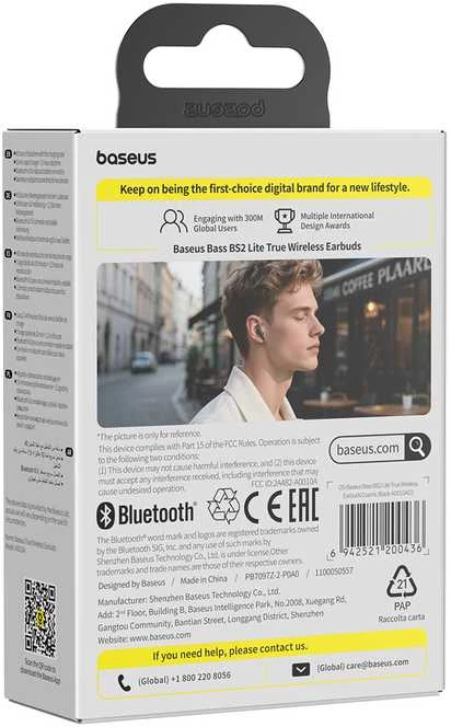 Baseus Belaidės Bluetooth 6.0 ausinės Bass BS2 Lite su įkrovimo dėklu, juodos