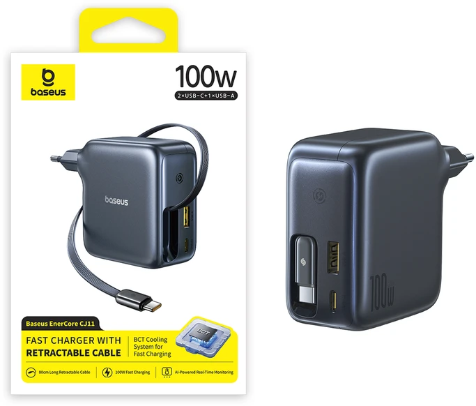 „Baseus EnerCore CJ11 100W“ su USB-A ir USB-C prievadais bei ištraukiamu USB-C laidu - juoda