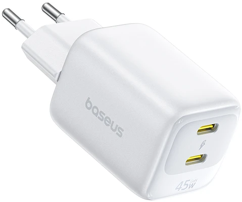 Baseus Sieninis įkroviklis EnerFill FE22 45W 2xUSB-C QC PD su USB-C kabeliu 1m, baltas