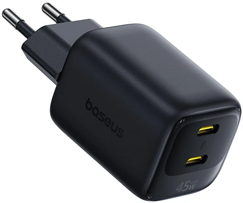 Baseus Sieninis įkroviklis EnerFill FE22 45W 2xUSB-C QC PD su USB-C kabeliu 1m, juodas