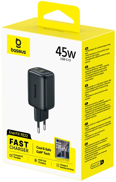 Baseus Sieninis įkroviklis EnerFill FE22 45W 2xUSB-C QC PD su USB-C kabeliu 1m, juodas