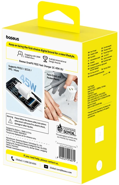 Baseus Sieninis įkroviklis EnerFill FE22 45W 2xUSB-C QC PD su USB-C kabeliu 1m, baltas
