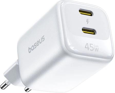 Baseus Sieninis įkroviklis EnerFill FE22 45W 2xUSB-C QC PD su USB-C kabeliu 1m, baltas