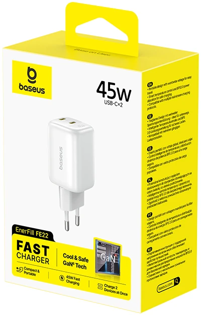 Baseus Sieninis įkroviklis EnerFill FE22 45W 2xUSB-C QC PD su USB-C kabeliu 1m, baltas