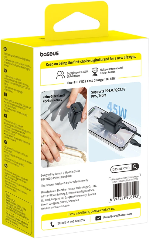 Baseus Sieninis įkroviklis EnerFill FN22 45W USB-C QC PD, juodas