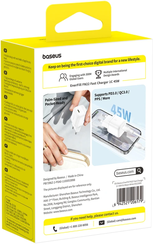 Baseus Sieninis įkroviklis EnerFill FN22 45W USB-C QC PD, baltas