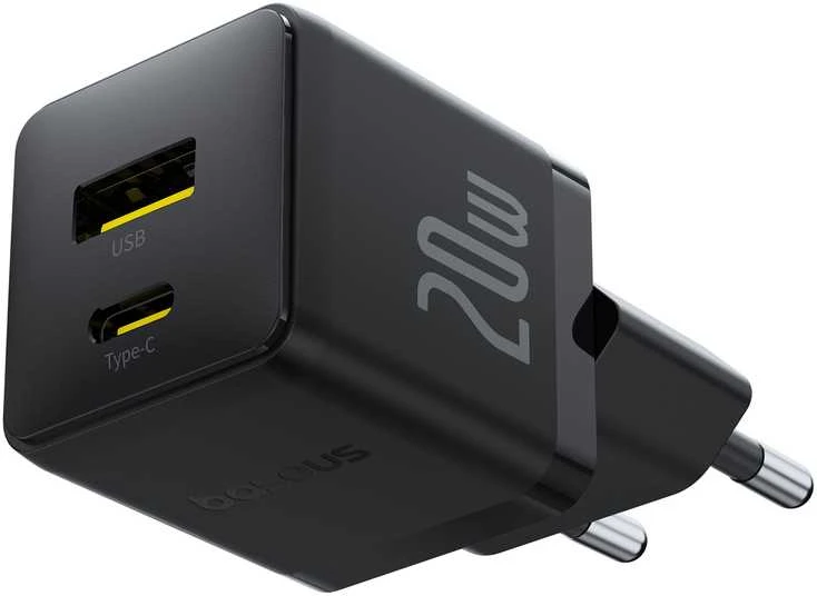 Baseus Sieninis įkroviklis Palm 20W USB + USB-C QC3.0 PD3.0 su USB-C kabeliu 1m, juodas