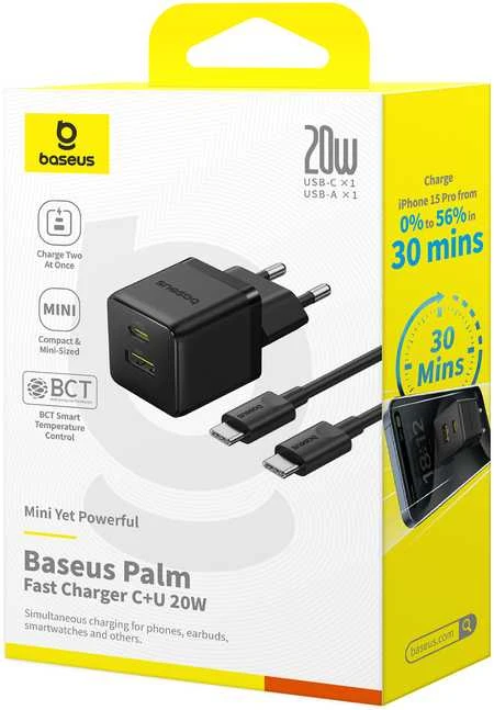 Baseus Sieninis įkroviklis Palm 20W USB + USB-C QC3.0 PD3.0 su USB-C kabeliu 1m, juodas