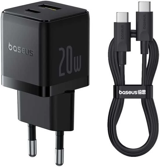 Baseus Sieninis įkroviklis Palm 20W USB + USB-C QC3.0 PD3.0 su USB-C kabeliu 1m, juodas