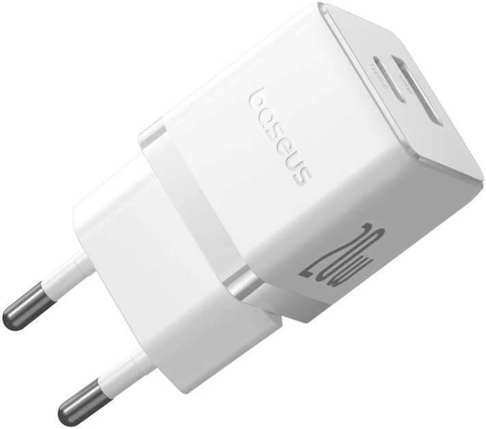 Baseus Sieninis įkroviklis Palm 20W USB + USB-C QC3.0 PD3.0 su USB-C kabeliu 1m, baltas