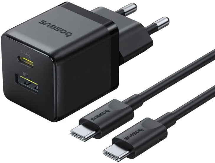 Baseus Sieninis įkroviklis Palm 30W USB + USB-C QC3.0 PD3.0 su USB-C kabeliu 1m, juodas