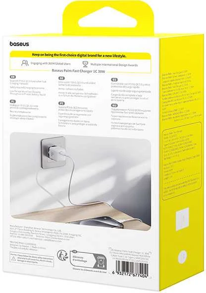 Baseus Sieninis įkroviklis Palm 30W USB-C QC3.0 PD3.0 su USB-C kabeliu 1m, baltas