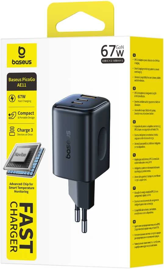 Baseus Sieninis įkroviklis PicoGo AE11 67W USB-A + 2xUSB-C QC PD, juodas