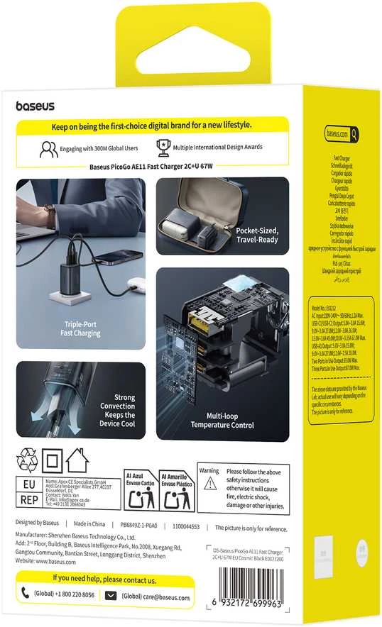 Baseus Sieninis įkroviklis PicoGo AE11 67W USB-A + 2xUSB-C QC PD, juodas