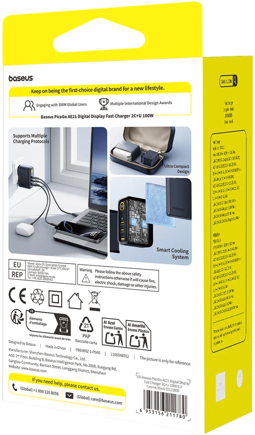 Baseus Sieninis įkroviklis PicoGo AE21 100W USB-A + 2xUSB-C QC PD su ekranu, juodas