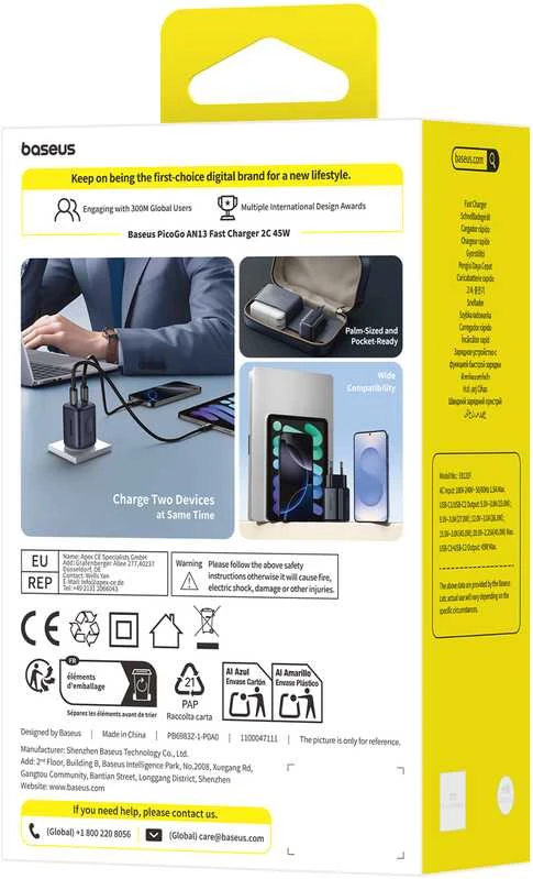 Dėklas Baseus Sieninis įkroviklis PicoGo AN13 45W 2xUSB-C PD3.0, juodas