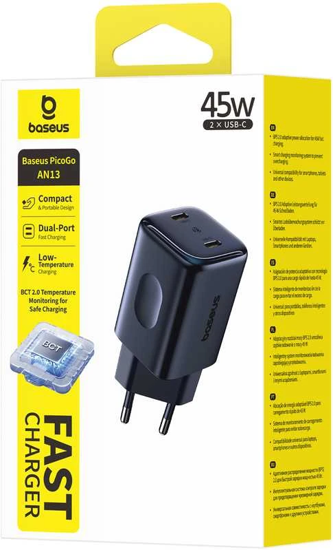 Dėklas Baseus Sieninis įkroviklis PicoGo AN13 45W 2xUSB-C PD3.0, juodas