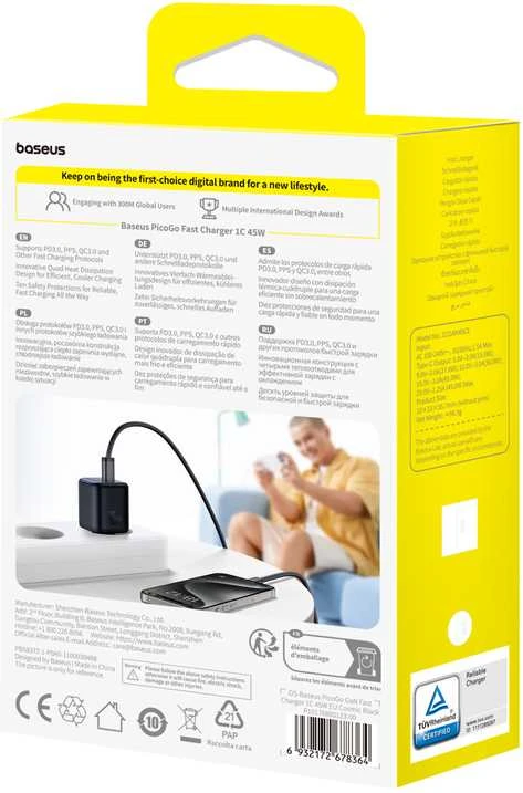 Baseus Sieninis įkroviklis PicoGo GaN 45W USB-C QC PD, juodas